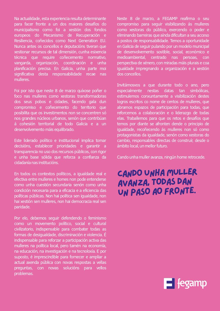 FEGAMP's tweet photo. 🟣A @FEGAMP presenta o Manifesto #8DeMarzo #DíadasMulleres
As #mulleres, xestoras do #cambio
#concellosgalegos
➡️Máis info en #linkedin #FEGAMP e en https://t.co/ws30aNHtQ1 https://t.co/eP2bAomsNE