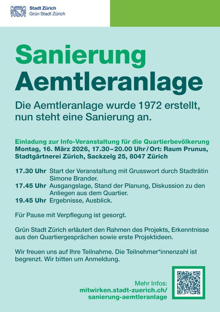 Die 1972 erstellte Ämtleranlage muss saniert werden. Die in einem Mitwirkungsprozess mit der Quartierbevölkerung ausgearbeiteten Massnahmen werden am 16. März vorgestellt. 

Mehr zur alten und neuen Ämtleranlage: 
👉 quartierverein-wiedikon.ch/aktuelles/672.…
