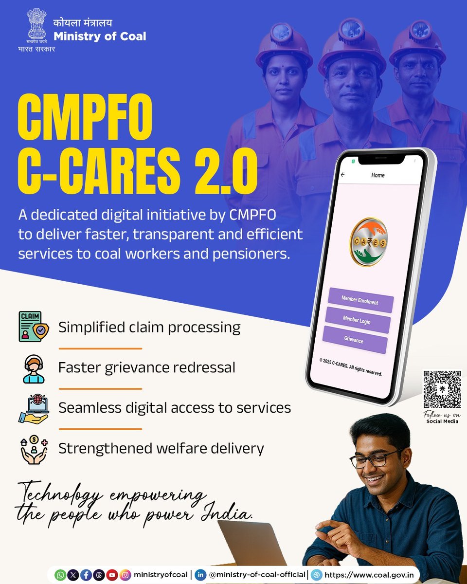 CoalMinistry's tweet photo. Empowering coal workers through digital innovation.
CMPFO’s C-CARES 2.0 platform ensures faster claim processing, seamless grievance redressal, and transparent welfare services for employees and pensioners of the coal sector.
#CCARES #WorkersWelfare #MinistryOfCoal https://t.co/Z9D2113Lqf