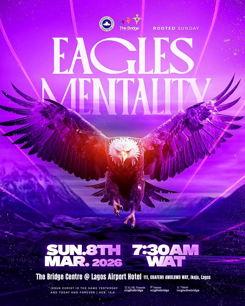 rccgthebridge's tweet photo. What mentality is required to soar like an Eagle?

Gliding in strength takes more than just a desire, it’s a divine strategy, sponsored by the hand of God and seated in the renewed mind of a believer. 

Come this Sunday we learn about what the Eagle’s Mentality is.
#rccgthebridge https://t.co/9uGk6Idjbr