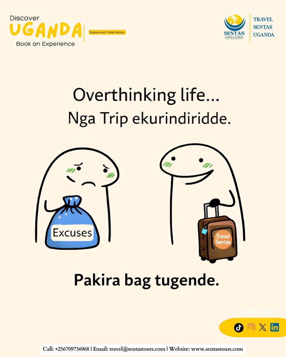 Don’t overthink life ! Plan that Trip you've been putting off with Travel Sentas.

Explore with Travel sentas Uganda.

📌 For Bookings Reach out to us:
Call +256709736968
Email travel@sentastours.com

#exploreuganda #travelsentasuganda #2026travel #africasafaris #traveltheworld