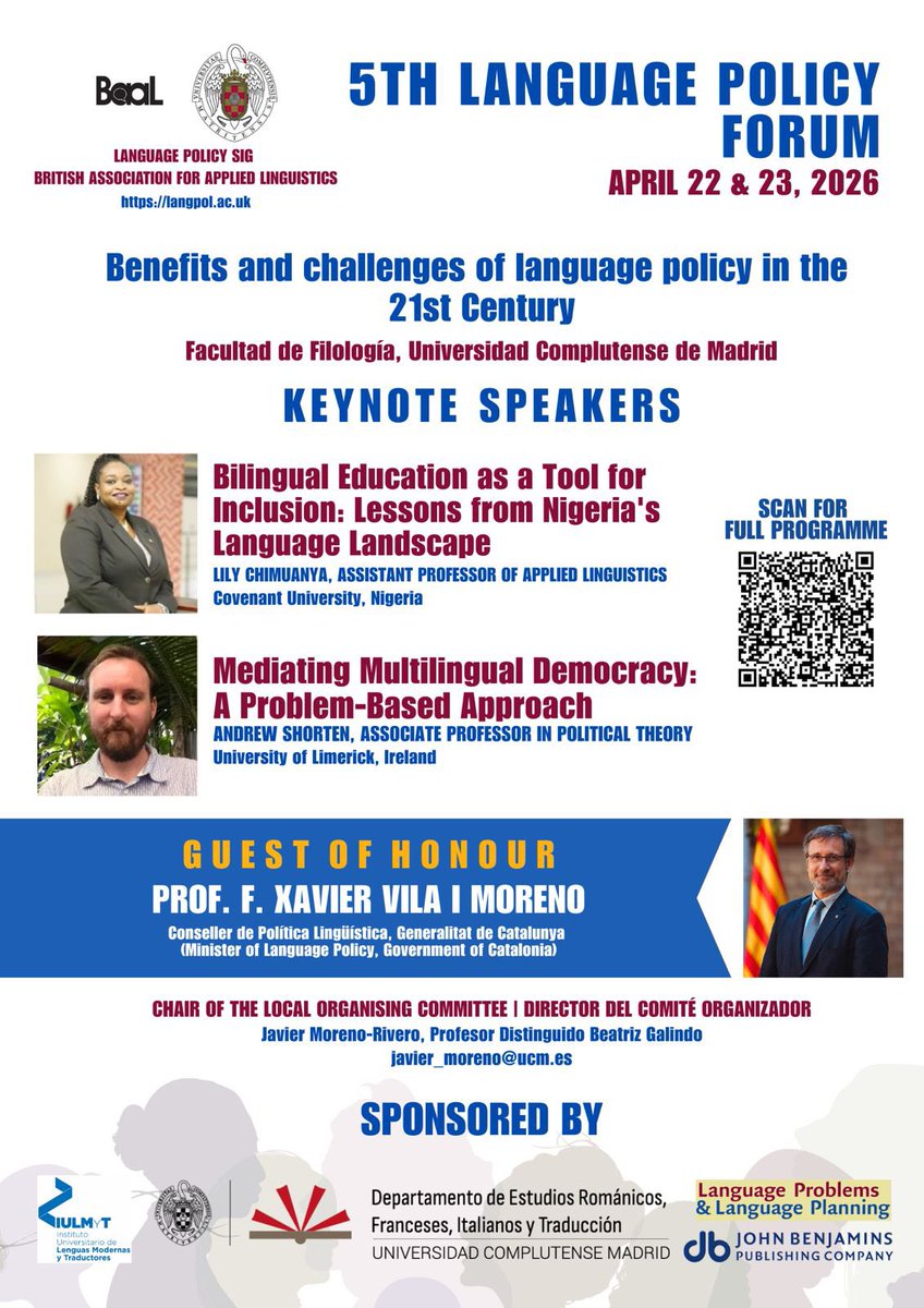 jmorenorivero's tweet photo. LANGUAGE POLICY FORUM 2026 (22-23 April, @unicomplutense)

Final call for registrations! 🙂

https://t.co/sV8YKEBP6k

Registrations: https://t.co/HcogQVw7Jj https://t.co/iXBQOUnFN0