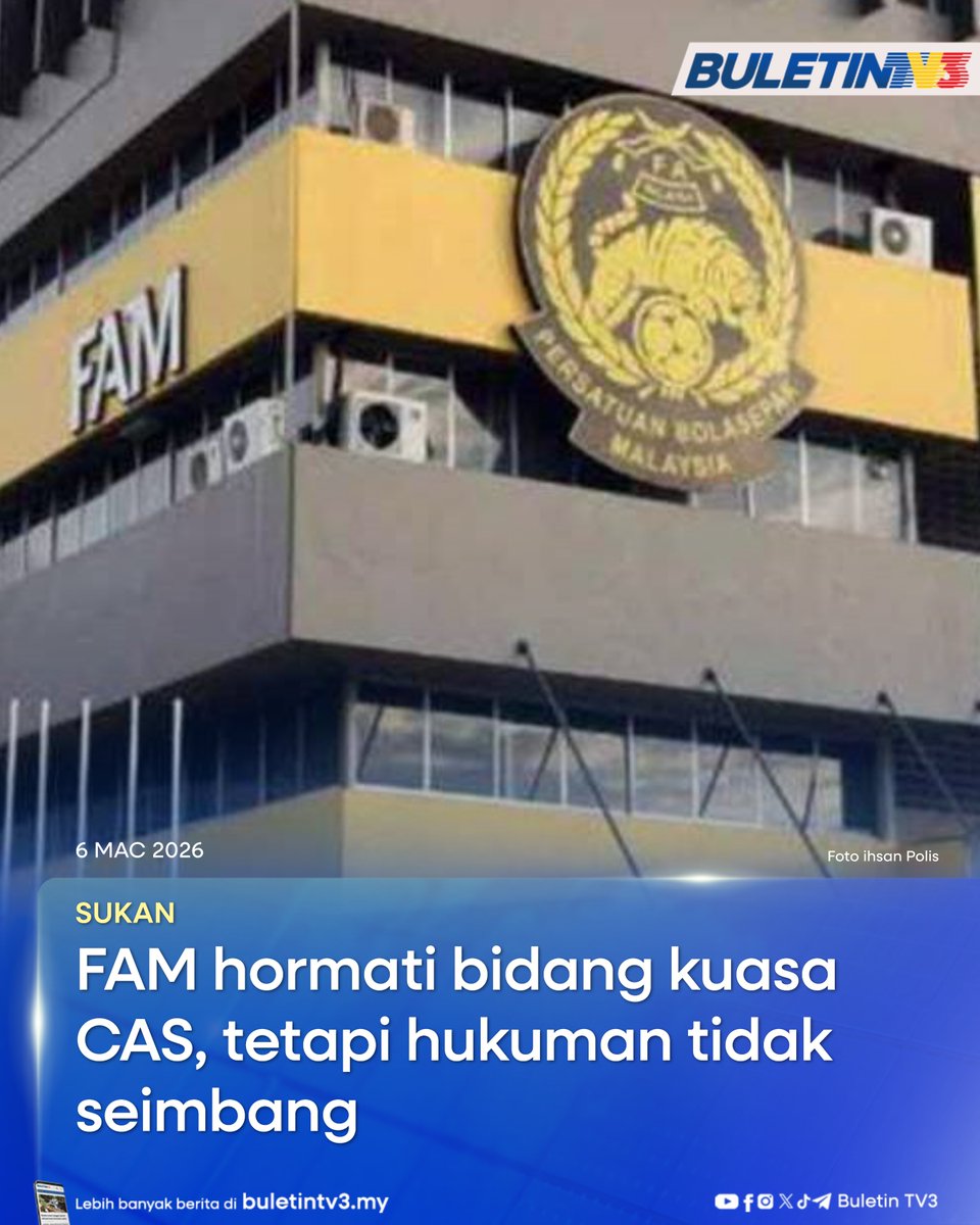 BuletinTV3's tweet image. SUKAN | Persatuan Bolasepak Malaysia (FAM) menyifatkan hukuman yang diputuskan oleh Mahkamah Timbang Tara Sukan (CAS) kelihatan tidak seimbang apabila dibandingkan dengan kes-kes serupa yang pernah diputuskan CAS.

#BuletinTV3 #BeritaTerkini #cas #sukan #fam #harimaumalaya