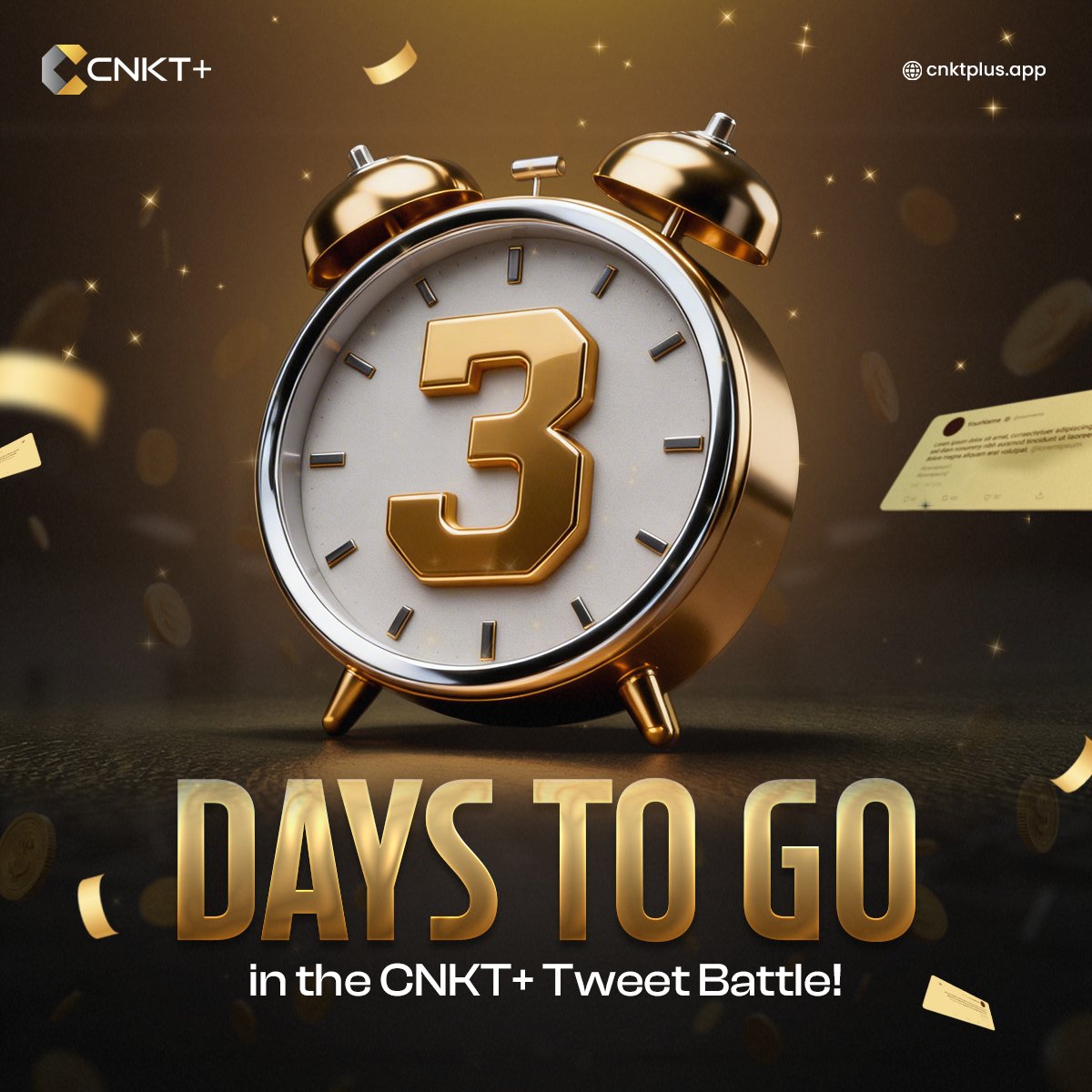 Starts Monday at 5 PM.
Ends Wednesday at 7 PM.
Tweet about CNKT+.
Tag us. Show your creativity.

$50 in CNKT rewards.
Top 10 tweets win $5 each.

Tweet Battle: discord.gg/QPRwPRx5dr

#cnktplus #CNKT #tweetbattle #ContestAlert #threedaystogo #Countdown