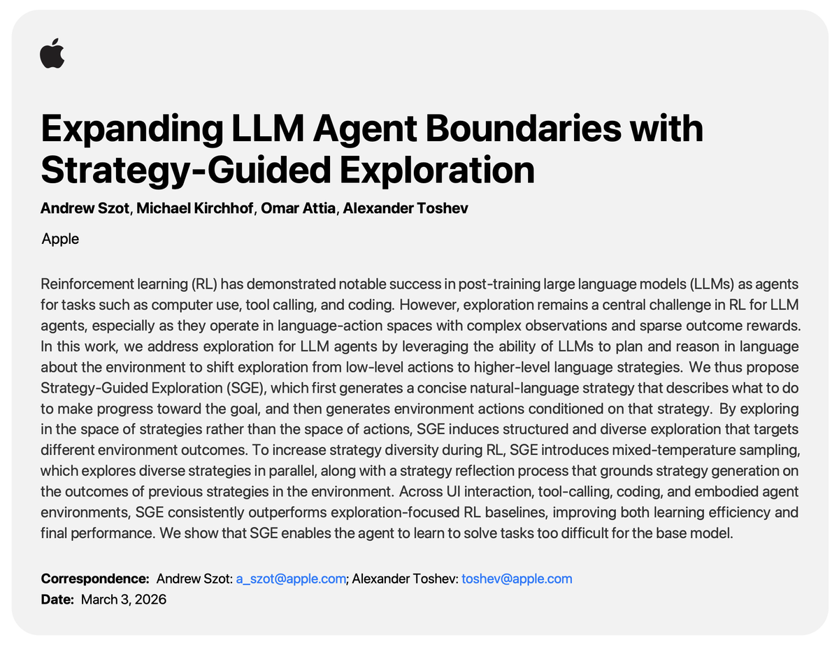 New paper 🥳 RL relies a lot on an agent’s capability to explore. Our strategy-guided exploration makes the agent find new solutions more efficiently. It learns faster, and in some environments its Pass@1 surpasses the base model’s Pass@128. 🧵1/6

📄 arxiv.org/abs/2603.02045
