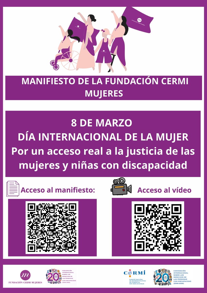 MANIFIESTO DE LA FUNDACIÓN CERMI MUJERES 

8 DE MARZO DÍA INTERNACIONAL DE LA MUJER 

Por un acceso real a la justicia de las mujeres y niñas con discapacidad

📄Enlace al manifiesto: fundacioncermimujeres.es/novedad/manifi…

📹Enlace al vídeo accesible: youtube.com/watch?v=6UBScY…