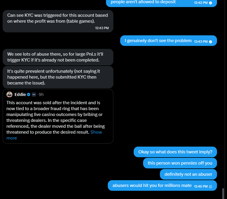 $100 GW : RT AND TAG A FRIEND TO SPREAD AWARENESS
So it seems that <a href="/rollbit/">Rollbit</a> 's predatory ways won't stop.

OG Rollbit player, playing and having no issues

Untill......They win.

Rollbit triggers random Heavy KYC, then decides to ghost once it comes to paying out the withdrawals.