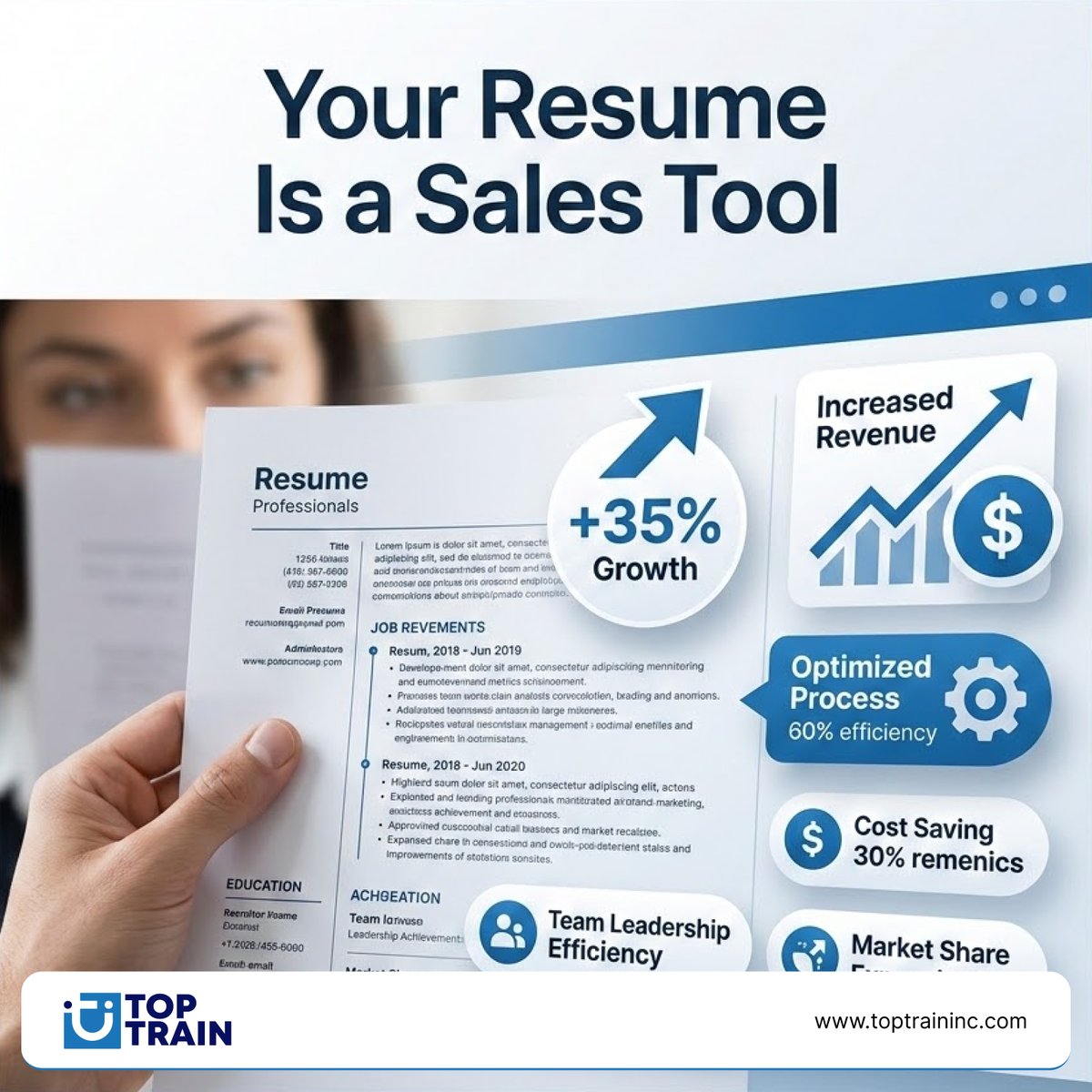 Toptrain53648's tweet photo. Your resume isn’t a biography — it’s your value presentation.

Build ATS-friendly, result-focused resumes with TopTrain and highlight what truly matters: impact.

#ResumeWriting #CareerValue #JobSearchTips #ATSResume #TopTrain https://t.co/9Khr7wJGRy