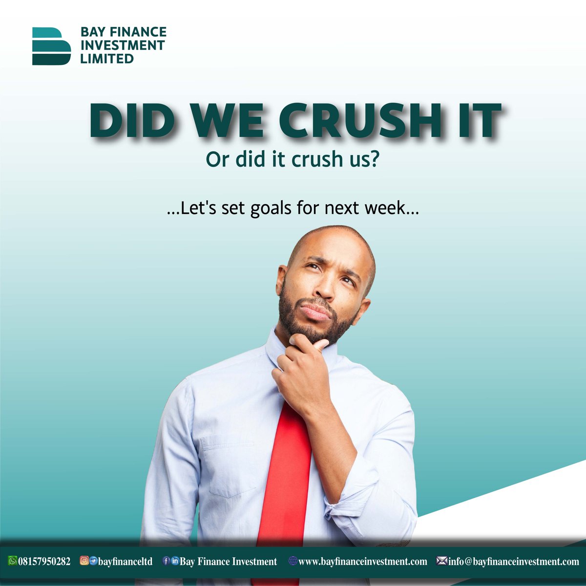 bayfinanceltd's tweet photo. I am sure you crushed the week. Let's set goals for next week. #TGIF https://t.co/IGWV9egSSl