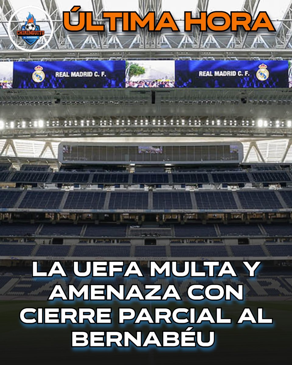 🚨 La UEFA multa al Madrid con 15.000€ y amenaza con un cierre parcial de 500 localidades del fondo sur.

🏟️ El motivo es "el comportamiento racista y/o discriminatorio de su afición" durante el partido contra el Benfica.