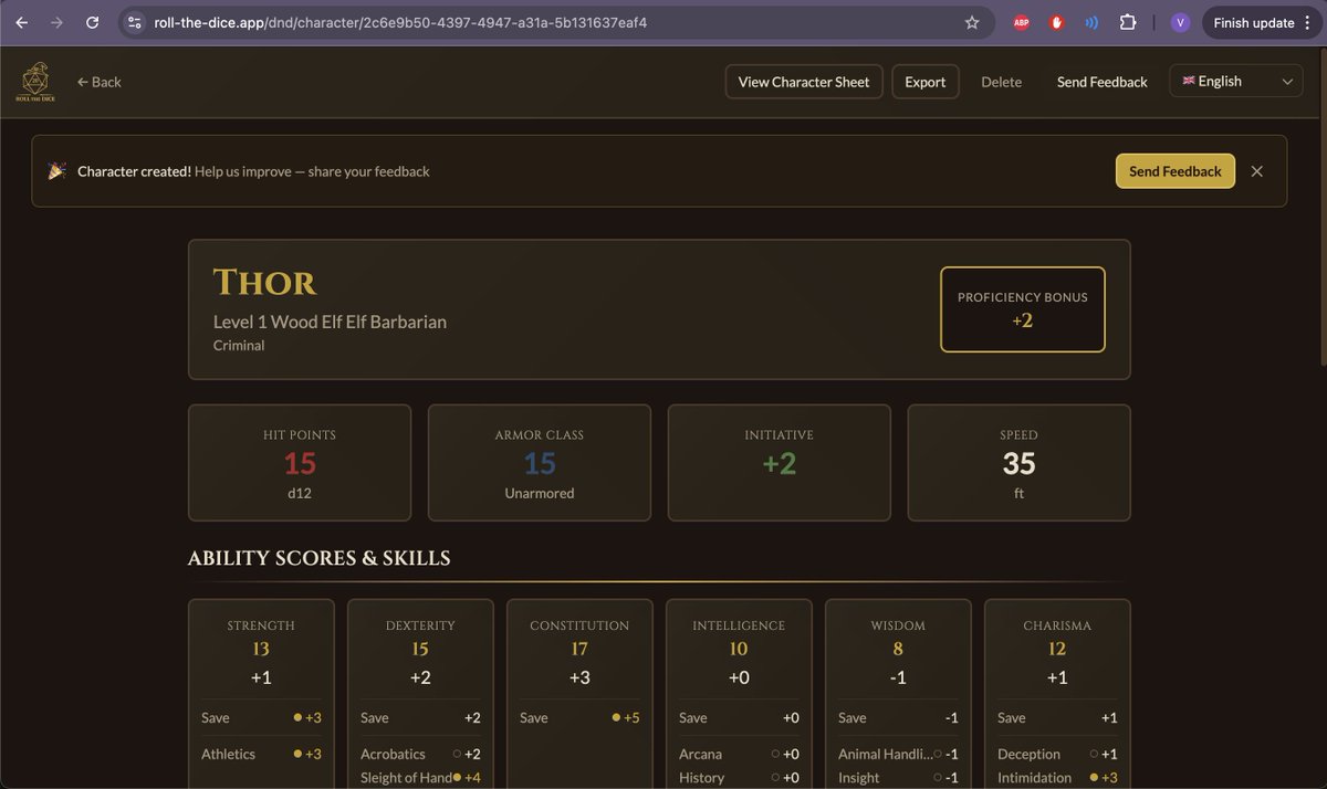 vh_infinity's tweet photo. New update, I see that there is a decent amount of visits but really luck of feedback. I added a small feedback banner when you finish character creation and would really love to hear from you back !
#DnD #dnd5e #pathfinder #indiedev https://t.co/xwVoODZHvO