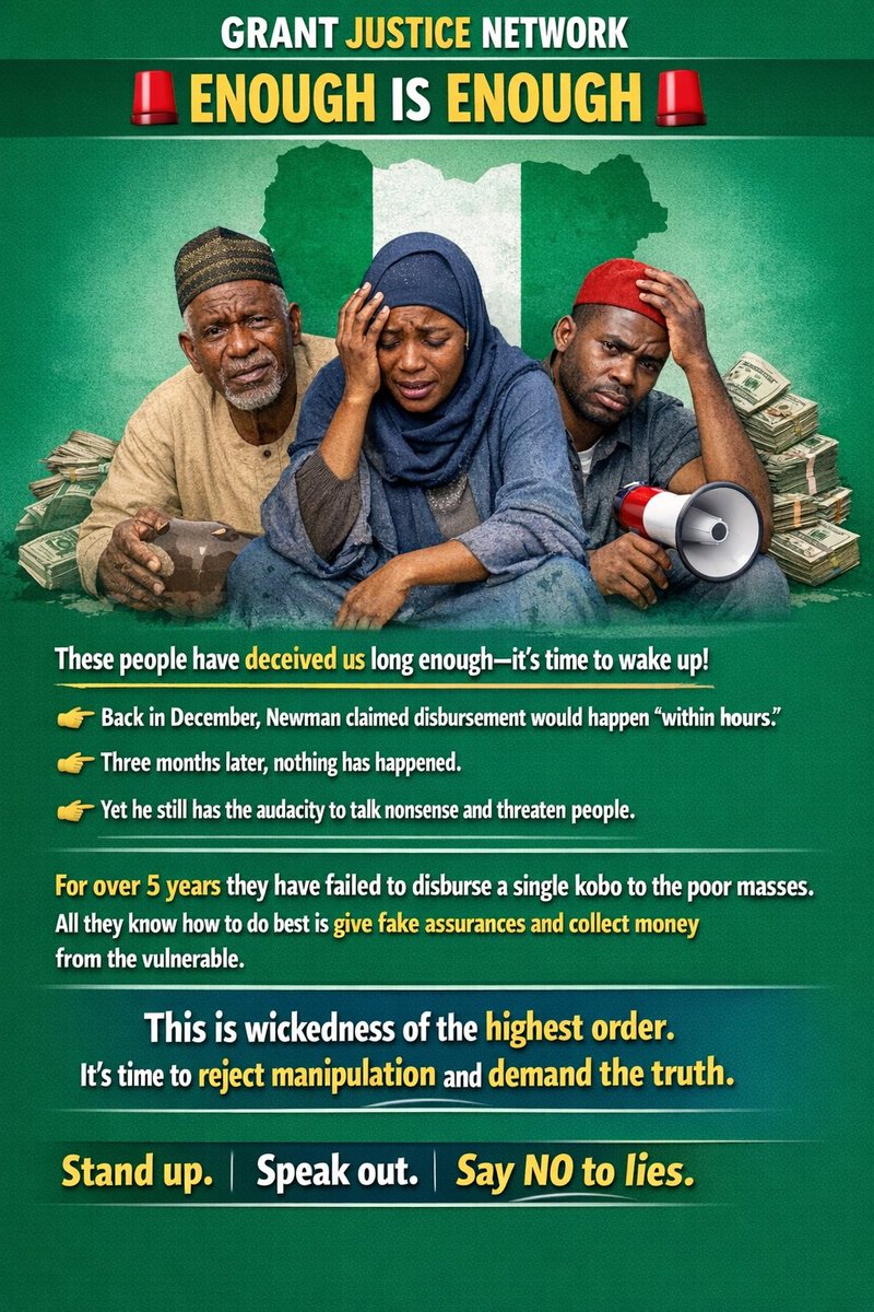 🚨 ENOUGH IS ENOUGH 🚨  
For over 10 years, these so-called “grant pastors” have deceived the masses with empty promises and fake updates.
It’s time to expose the lies.
<a href="/officialEFCC/">EFCC Nigeria</a> <a href="/cenbank/">Central Bank of Nigeria</a> <a href="/WorldBankGroup/">World Bank Group</a> <a href="/IMFNews/">IMF</a> <a href="/NewsCentralTV/">News Central TV</a> <a href="/RepRileyMoore/">Rep. Riley M. Moore</a> <a href="/realDonaldTrump/">Donald J. Trump</a> <a href="/IntlCrimCourt/">Int'l Criminal Court</a>