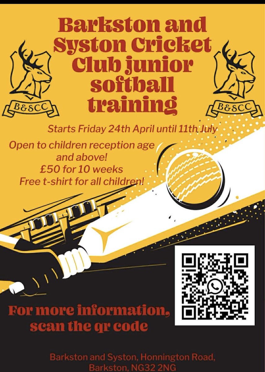 BandSCC's tweet photo. 📣📣📣Kids cricket is back for 2026 season 🦌🦌

📆- Friday 24th April - 11th July 

📍 Honnington Road, Barkston , NG32 2NG

 For more information please Scan the QR code or get in touch 🦌 https://t.co/RSlgfRSNOH