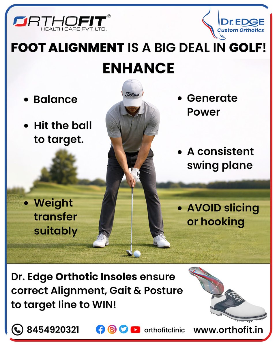 orthofitclinic's tweet photo. In golf, every swing starts from the ground up. ⛳
Proper foot alignment improves balance, power, and consistency—helping you hit the ball exactly where you aim.

With Dr. Edge Custom Orthotic Insoles, optimize your alignment, gait, and posture to support smooth weight transfer and a consistent swing plane. Play stronger, stay balanced, and keep your shots on target.

Step into precision. Step into performance.

#GolfPerformance #FootAlignment #OrthoticInsoles #DrEdgeOrthotics #GolfStability #BetterGolfSwing #GolfBalance #GolfPower #GolfTraining #OrthoticSupport #FootPosture #SportsPerformance #GolfFitness #GolfTips #OrthofitClinic