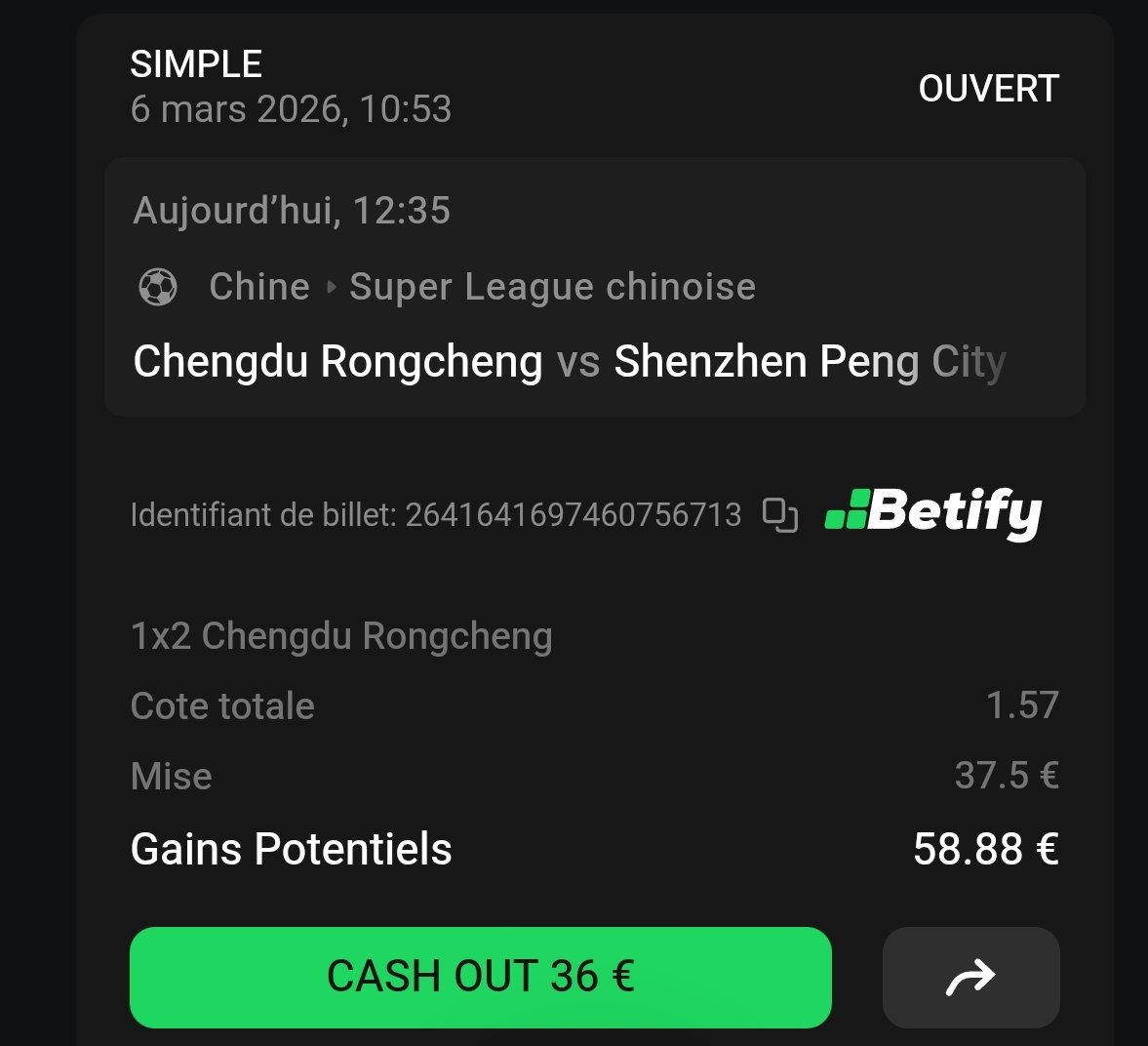 BetClem_'s tweet photo. BETS SUPER LEAGUE 🇨🇳 06/03 🗓️

🇨🇳 Chengdu Rongcheng @1.57
37.50€ ➡️ 58.88€

DUO BUTEURS +1.5 BUTS 💥 
@3.45
14€ ➡️ 49.20€

Le trio avec Wellington Silva me chauffait bien mais pas disponible malheureusement ! Doucement sur les mises c'est la reprise de la Chine et ça fait plaisir !

Début 12h35 🕛
💚 Si tu soutiens 
#TeamParieur