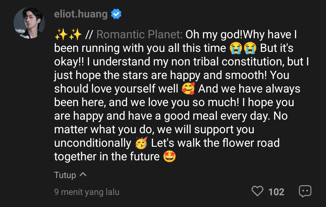 Desire4_IDN's tweet photo. [060326] XingQiu - "Journey of No Return"《陌路莫回》Comment Section JOOX🎧

Ya Tuhan! Aku berusaha ngejar bersama kalian terus (buat dapetin balesan)! Tapi tidak apa-apa!! Aku paham kalau aku bukan bagian dari konstitusi non tribal, tapi aku hanya berharap para bintang bisa bahagia dan semuanya berjalan lancar!
Kalian harus mencintai diri kalian dengan baik. 

Dan kami selalu ada di sini, kami sangat menyayangi kalian! Aku berharap kalian bahagia dan bisa makan dengan baik setiap hari.
Apa pun yang kalian lakukan, kami akan mendukung kalian tanpa syarat.
Mari berjalan di jalan berbunga bersama di masa depan.

🌟: ✨✨

#XingQiu #HuangXing #EliotHuang #QiuDingJie #KipukaQiu
