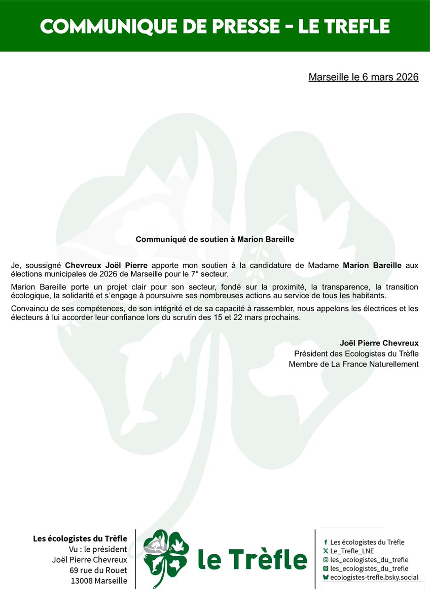 Les écologistes du Trèfle apportent leurs soutiens à <a href="/MarionBareille/">Marion Bareille</a> à l’élection municipale des 15 et 22 mars prochain des 13 et 14ème arrondissement de #Marseille.