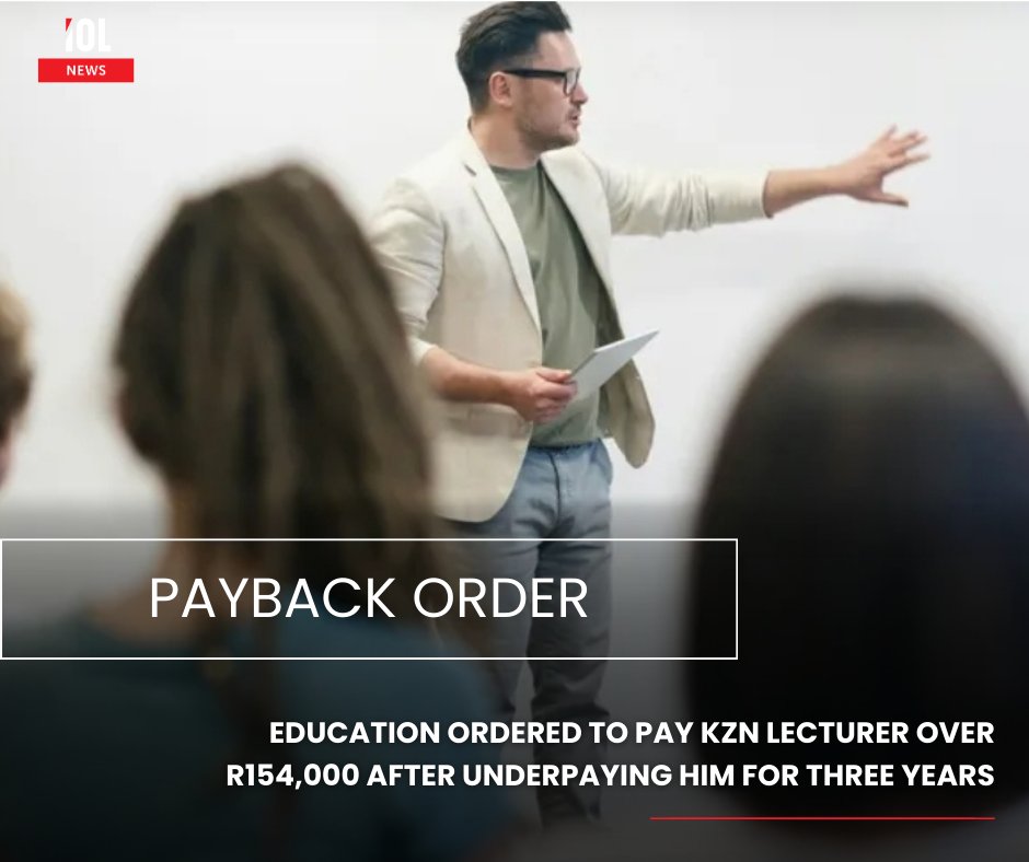 IOL's tweet image. The Education Labour Relations Council (ELRC) has ordered the Department of Higher Education and Training to pay a Coastal KZN TVET College lecturer over R154,000 in back pay after failing to adjust his salary following an academic qualification upgrade.
#news #lecturer #pay