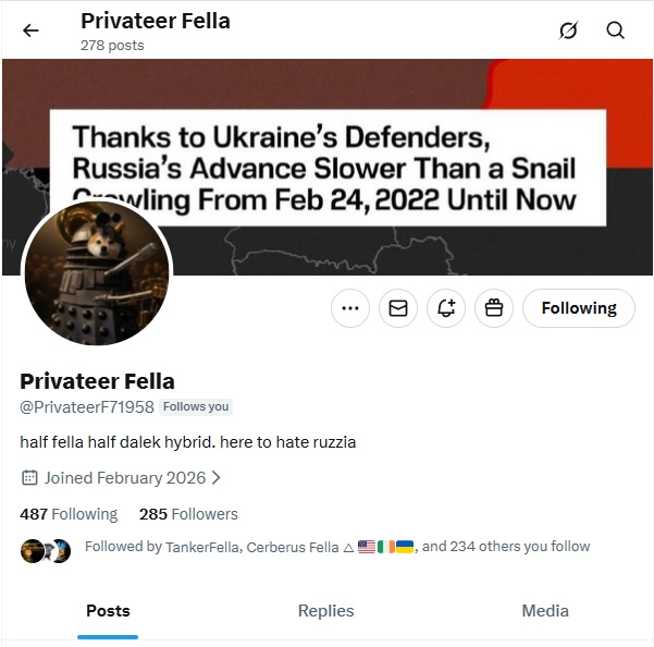 ATTENTION, FELLAS!

We have a reborn fella rebuilding his account here.  Please follow him so he can get back to work on the infestation of vatniks we have here.

Thank-you!

<a href="/PrivateerF71958/">Privateer Fella</a>