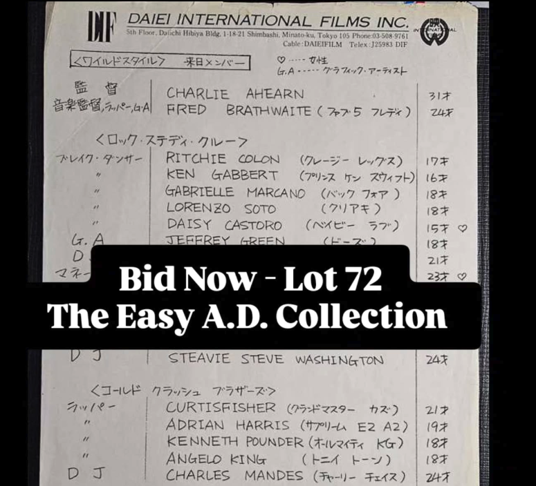 HipHopGrails's tweet image. 1983 Wild Style Movie promotional tour 2 Japan hotel itinerary. Rare document listing Charlie Ahearn, Fab 5 Freddy, Crazy Legs, Rock Steady Crew, Lady Blue, Double Trouble &amp;amp; Busy Bee.

U can register to bid on this at hiphopgrails.com

#HipHop #HipHopHistory #WildStyle