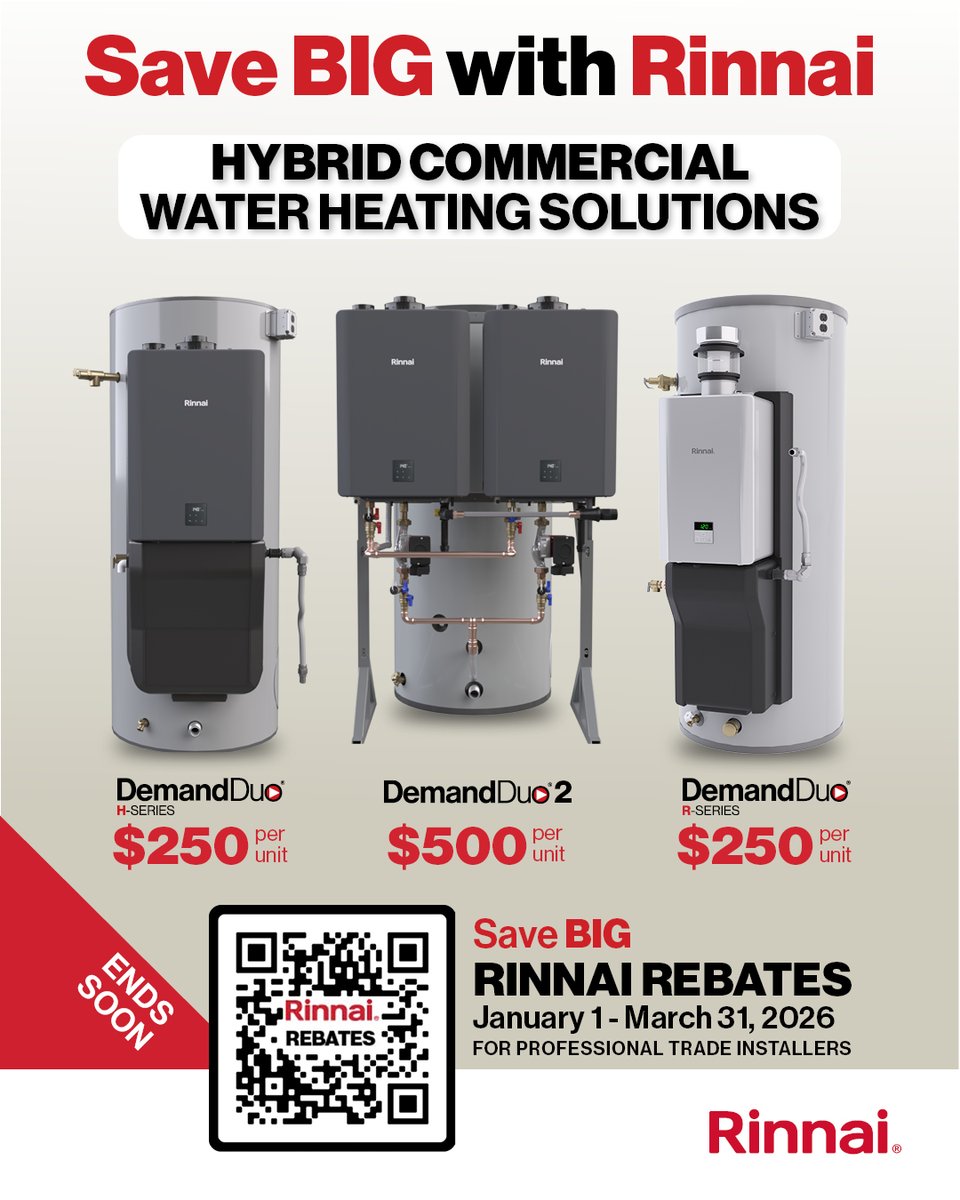 Rinnai's tweet photo. Ends Soon! Rinnai Q1 Contractor Rebates on Rinnai Demand Duo®! 

Until March 31, 2026: take advantage of this promotion on our Hybrid Commercial Water Heating Solutions!

👉 $250 Demand Duo® H-SERIES or R-SERIES
👉 $500 Demand Duo® 2 

Visit: https://t.co/zJIvuGyRur  

#Rinnai https://t.co/R4kWNMMCo0
