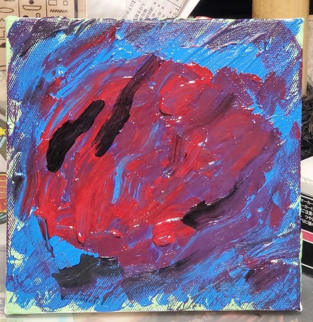 衝動をテーマに 抽象画を描いてみました (^_^)v 赤や青の絵の具を使っ