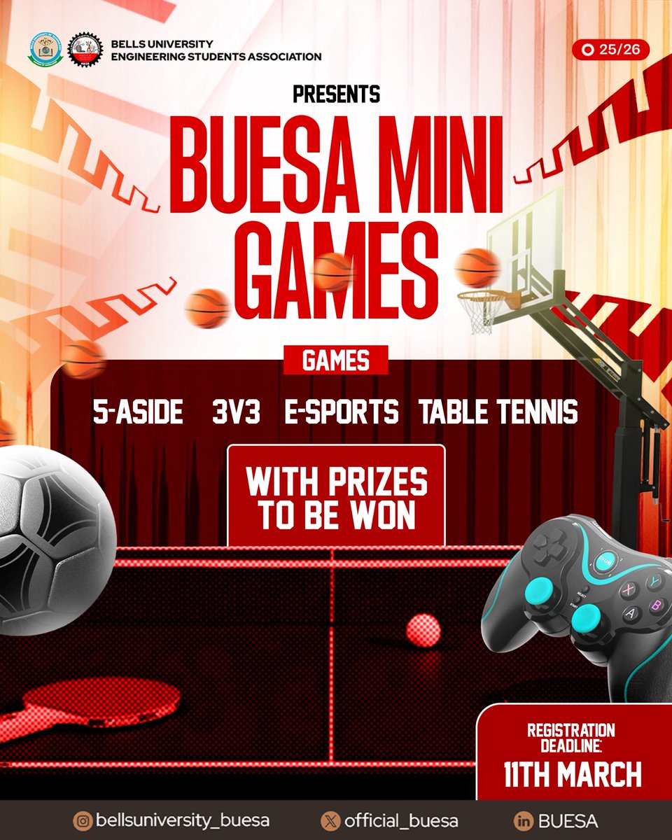 official_BUESA's tweet photo. LACE UP. STEP UP. WIN BIG. 🏆
The BUESA Mini Games are officially here!

Deadline is March 11th‼️
To register contact the sport director; +234 902 002 3639

https://t.co/Qbc13BwLdZ https://t.co/Kn2mM0bt6C