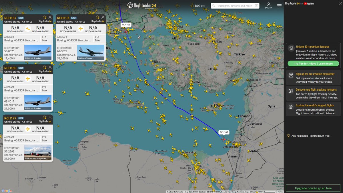 AIYeyENGDdJkjTr's tweet image. Mar. 6, 2026
#Beale Air Force Base #Bangor ==&amp;gt; #Ben Gurion 

#RCH167 #AE0591 KC-135R 
#RCH169 #AE07C1 KC-135R
#RCH177 #AE0474 KC-135R 
#RCH179 #AE026F KC-135R 
#RCH182 #AE04CD KC-135R  
#RCH193 #AE068E USAF KC-135R Stratotanker