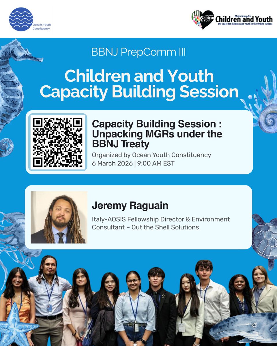 UNMGCY's tweet image. 🌊 Join the capacity-building session on unpacking the “Marine Genetic Resources under the BBNJ Treaty” hosted by the Oceans Youth Constituency!

⏰ Date and time: 6 March, 9 am EST

➡️ Join by scanning the QR code!

#Oceans #BBNJPrepComm #Youth