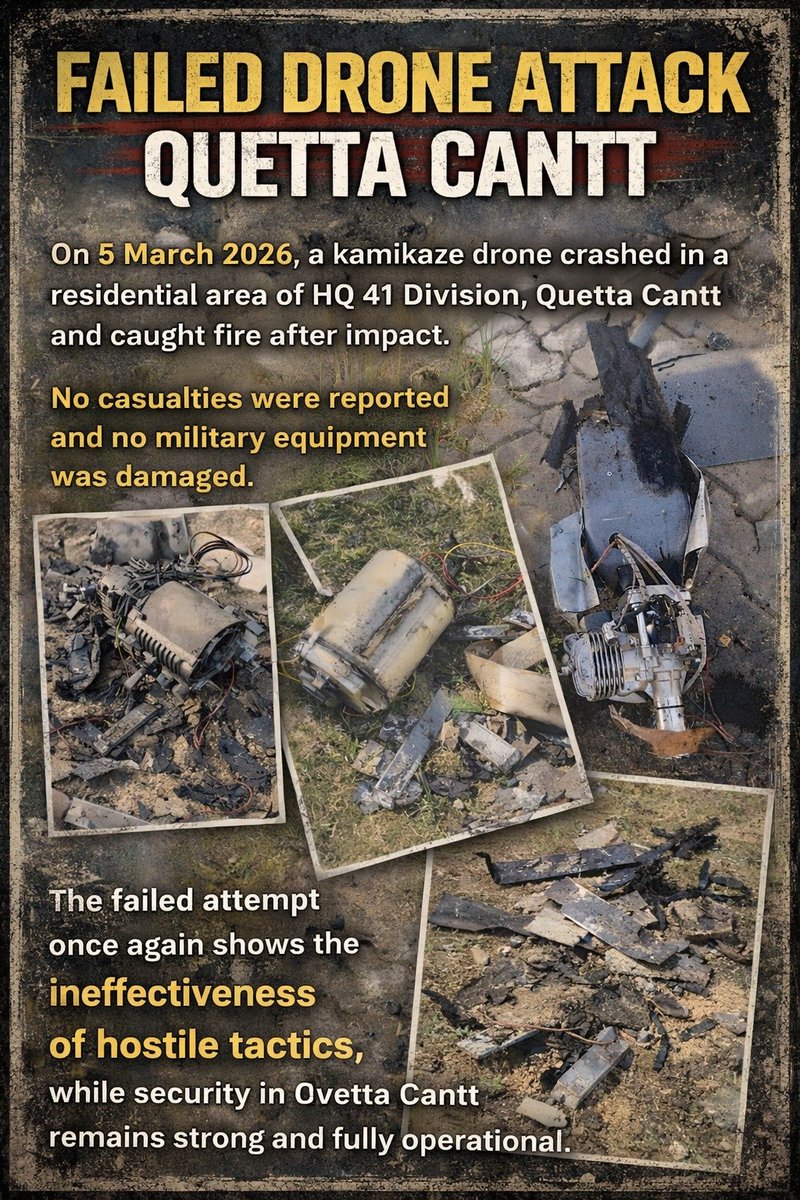ZaraBugti's tweet photo. On 5 March 2026, a kamikaze drone crashed and caught fire at HQ 41 Division, Quetta Cantt. No casualties or military damage occurred. The hostile attempt failed, and security remains fully strong and operational.
#QuettaSecurity #FailedAttack #StrongSecurity https://t.co/bdNXXv2RJM