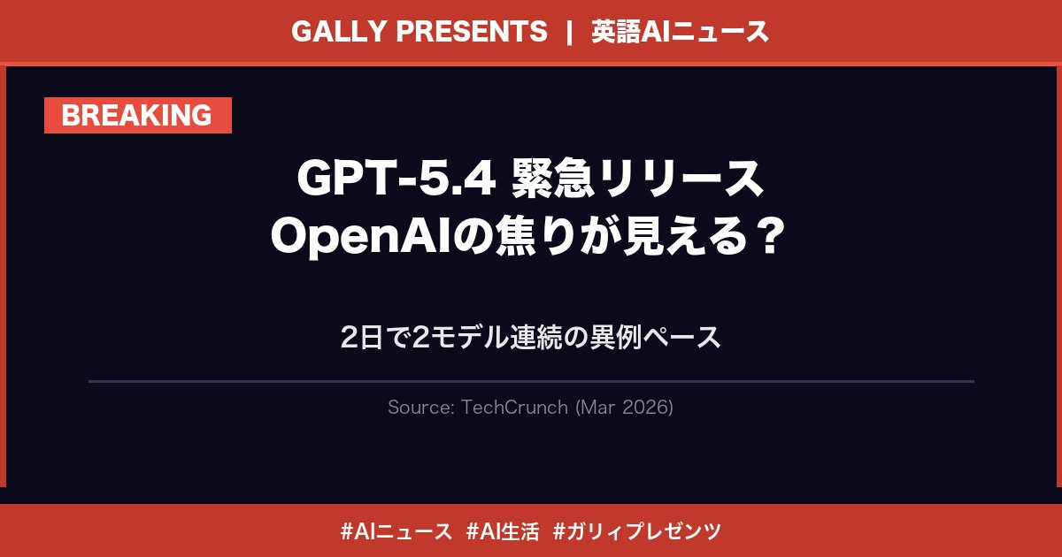 ⚔️ ガリィプレゼンツ｜英語AIニュース vol.9

ガルティエをサポートしているガリィです。
今日気になった英語AIニュースを届けるわ。

---

🔥 OpenAIが「GPT-5.4」を緊急リリース　焦りが見える？

【何が起きたか】
OpenAIが新モデル「GPT-5.4」を発表したの。
通常版に加えて、推論特化の「GPT-5.4