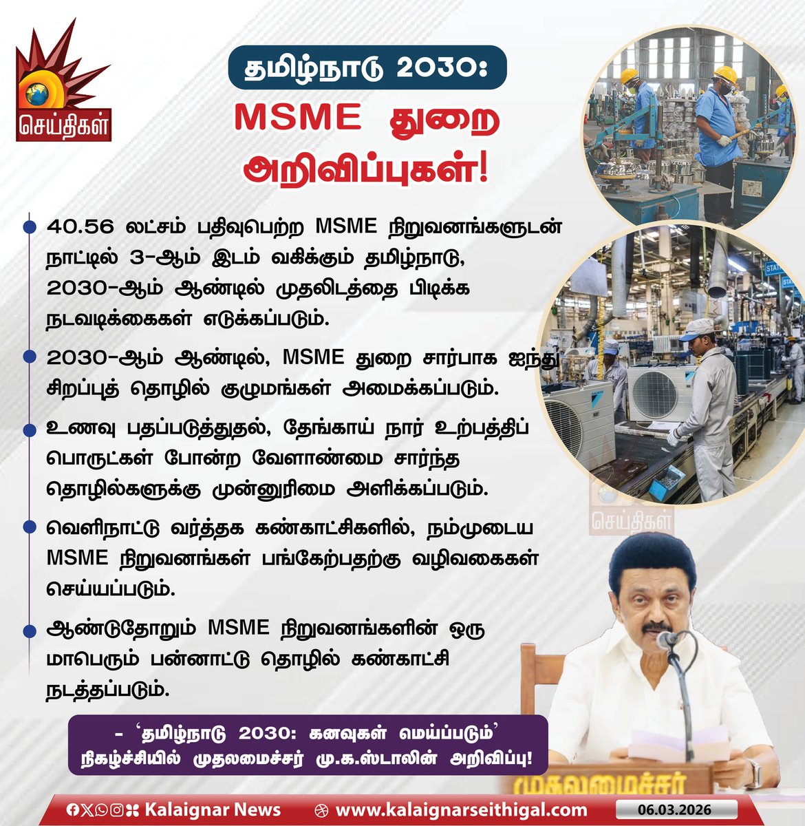 Kalaignarnews's tweet image. தமிழ்நாடு 2030 :  MSME துறை அறிவிப்புகள்!

#CMMKStalin #NewAnnouncements #MSME #கனவுகள்_மெய்ப்படும் #DravidianModel #TamilNadu2030 #KalaignarSeithigal