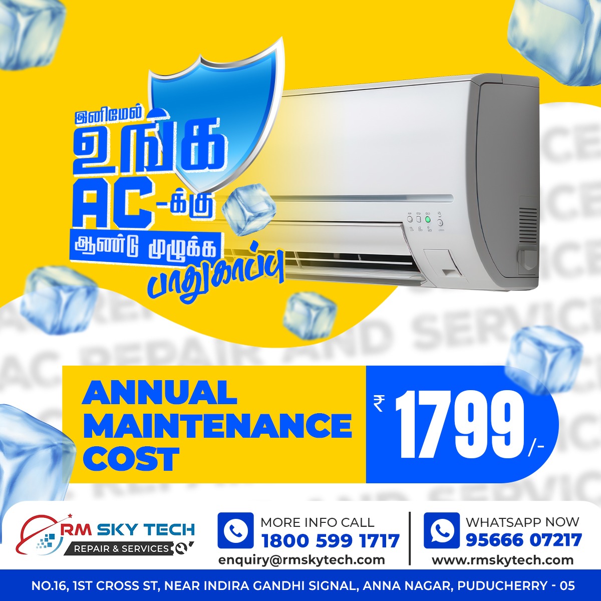 Year-Round AC Protection Puducherry | ₹1799* Annual Maintenance Cost (AMC)
#RMSkyTech #ACMaintenance #Puducherry #AirConditionerService #AnnualMaintenance #AnnaNagar #PondyBusiness #SummerProtection #AffordableRepairs #HomeServices #ACCare