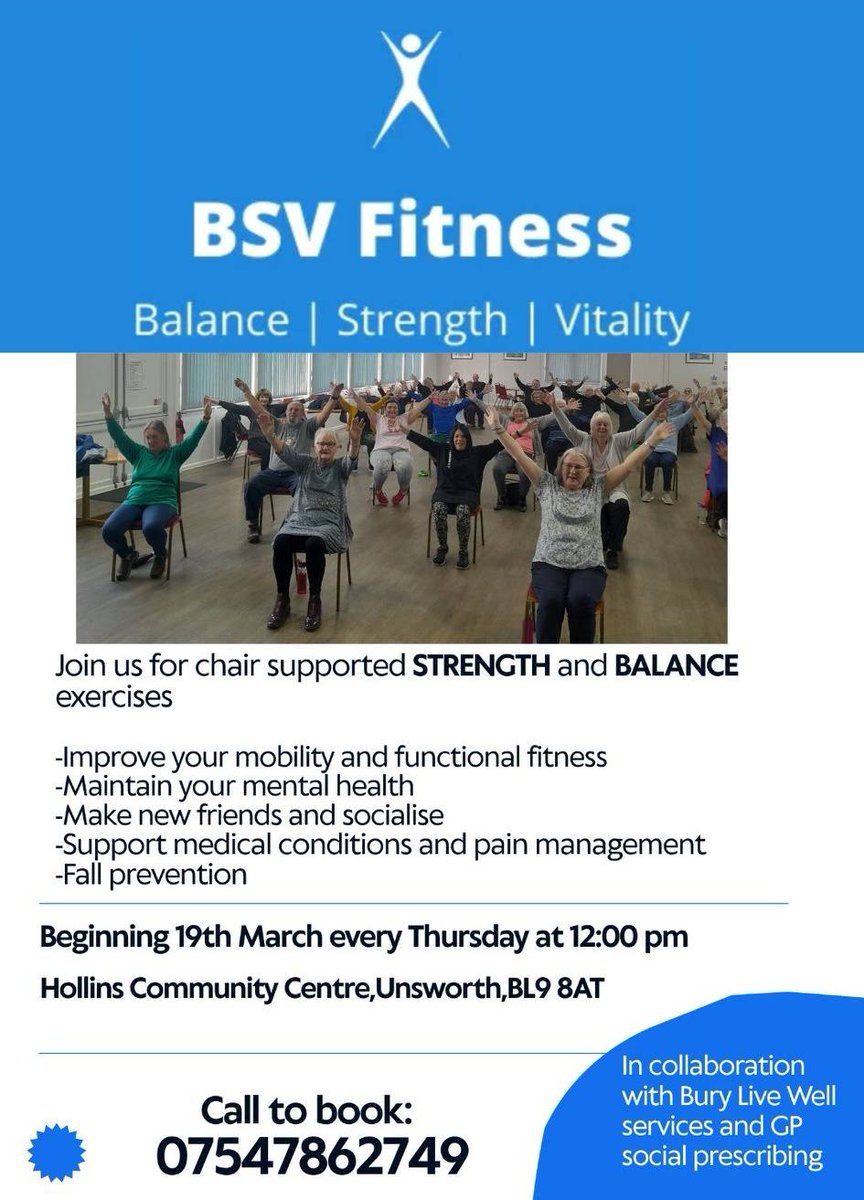 older_team's tweet image. 💙 BSV Fitness

Chair‑supported strength &amp;amp; balance classes to stay active and improve mobility.

🗓 Thursdays 12pm – Hollins Community Centre
🗓 Fridays 12pm – Prestwich Community Centre
📞 07547 862749

#BSVFitness #StayActive