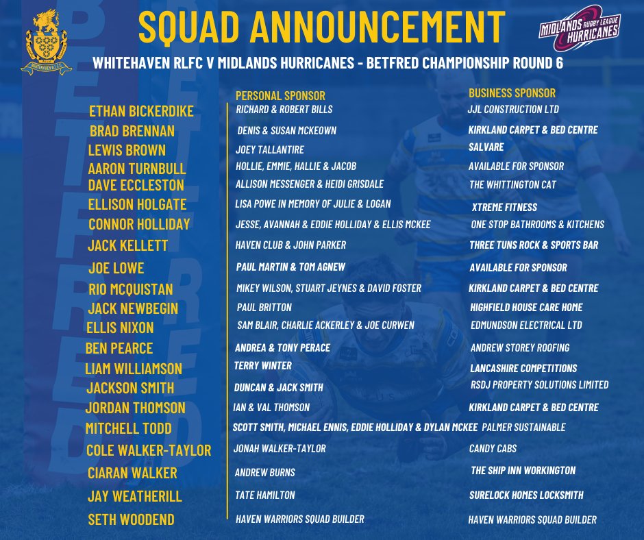 OfficialHavenRl's tweet photo. Interim head coach James Newton has made just one change to the 21 man squad as we welcome Midlands Hurricanes on Sunday afternoon. Liam Williamson returns and replaces Jake Pearce who is unavailable this weekend.

#WeareHaven https://t.co/WWa5y4V5JZ