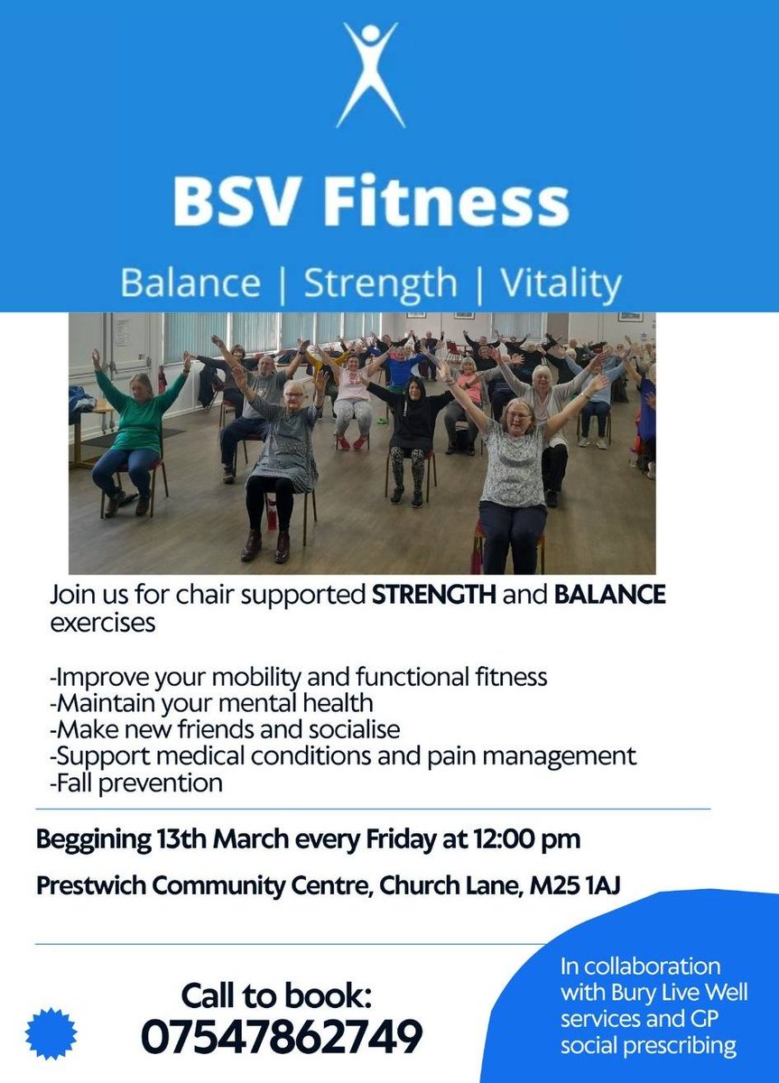 older_team's tweet image. 💙 BSV Fitness

Chair‑supported strength &amp;amp; balance classes to stay active and improve mobility.

🗓 Thursdays 12pm – Hollins Community Centre
🗓 Fridays 12pm – Prestwich Community Centre
📞 07547 862749

#BSVFitness #StayActive