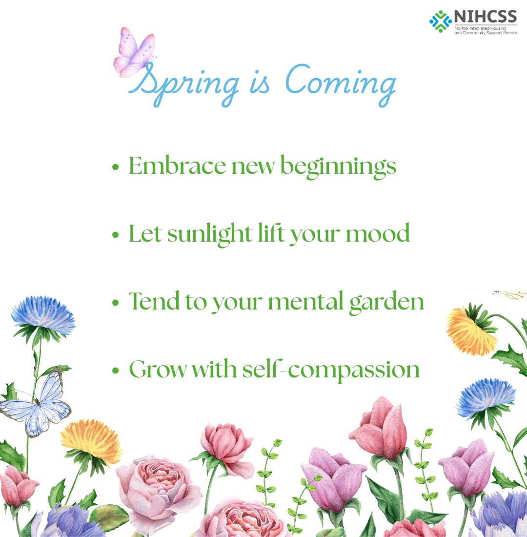 nihcssMH's tweet image. Spring is coming — and with it, the chance for new beginnings. 

Just like the seasons change, our mental health can shift and grow too. This spring, take small steps to care for yourself
#MentalHealth #SpringWellbeing #NewBeginnings  #MentalHealthMatters #NIHCSS #Together