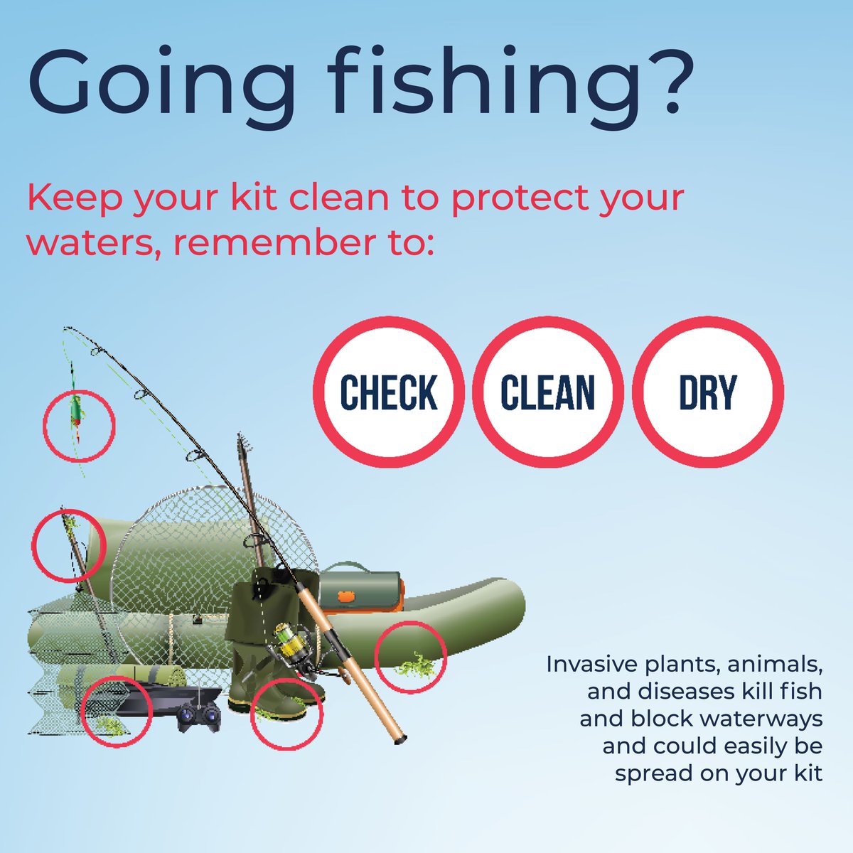 CheckCleanDryGB's tweet photo. Going fishing? 🎣

Invasive non-native plants and animals kill fish and block waterways.

Keep your kit clean to protect your fishing.

After you leave the water, remember to:
🔎Check
🚿Clean
☀️Dry

It's even more important if you've been abroad!

Visit https://t.co/JE6vIZ4uze https://t.co/JI611wPE2w