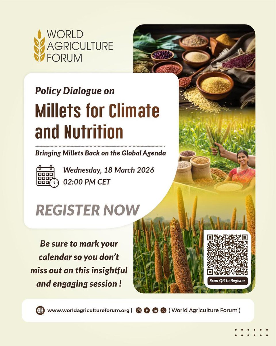 waforum_agri's tweet image. In 2023, the world rediscovered millets. Millets: climate-resilient, nutrient-rich, and key to sustainable #foodsystems.
Join the WAF Policy Dialogue “Millets for Climate and Nutrition.”
📅 18 Mar 2026 | ⏰ 02:00 PM CET Register: us06web.zoom.us/meeting/regist…
#millets #climateaction