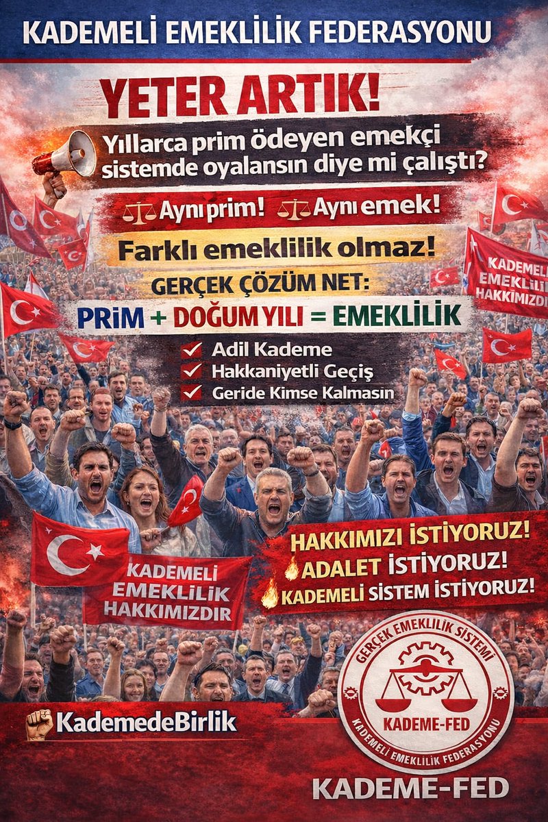 Çözüm belli ❗
Prime dayalı Emeklilik.
<a href="/KademeFed/">Kademeli Emeklilik Federasyonu</a>
#2000LereAcilEşitlik 
#MilyonlarKademeDiyor