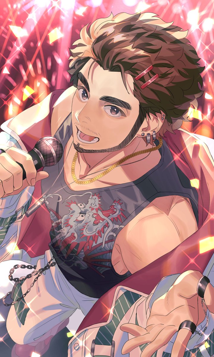 アイドルいちばんラクガキ（晴れの日だから絶対おやっさんペンダントしてくし、本当なら若のネクタイもしたいけどちょっとできなかったので謎ひもで若のネクタイを表現する）