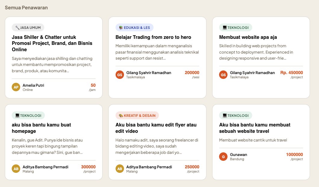 Tawarkan jasa mu disini 👇

Apapun bisa kamu tawarkan, seperti : 
- Jasa coding
- Desain
- copy writing
- social media spesialis 
- analis
- jasa anter jalan-jalan
- sewain kamar
- sewain motor or mobil
- jasa ngajarin 
- jasa temenin kondangan or jalan-jalan 
- jasa shiller 
-