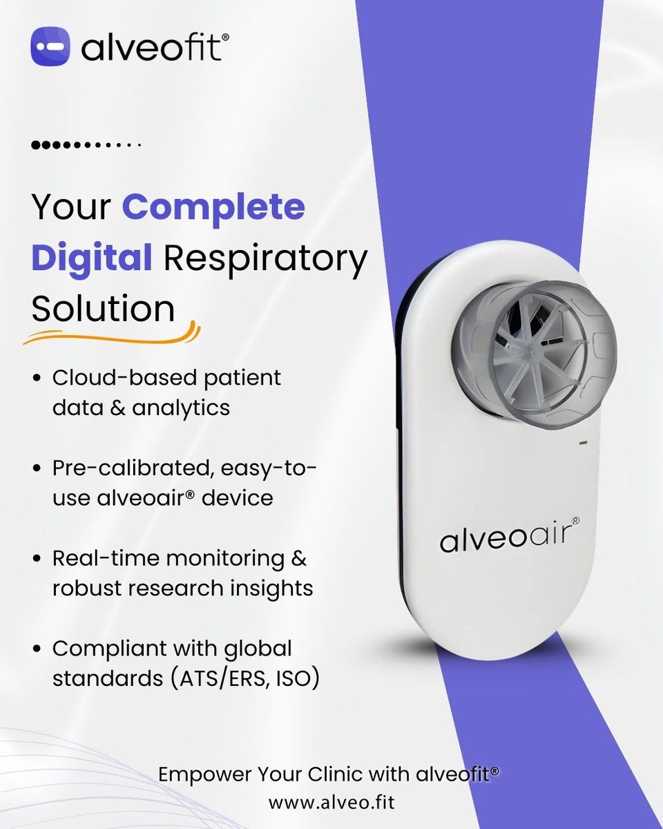 alveofit's tweet photo. Empower your #clinic with a complete #digital #respiratorysolution. From cloud-based #patient analytics to real-time monitoring with the easy-to-use #alveoair® device, #alveofit® helps transform #respiratorycare with smarter #technology and global compliance.

#HealthTech https://t.co/ScXalJPmxt