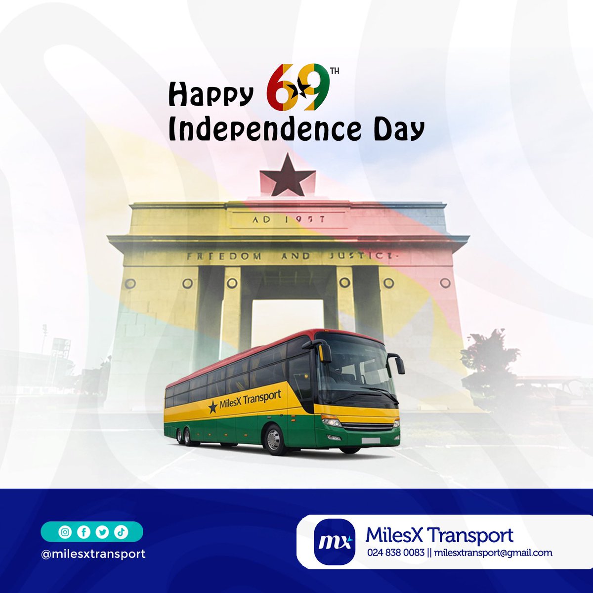 Milesxtransport's tweet photo. Happy 69th Independence Day, Ghana! 🇬🇭
At MilesX Transport, we proudly move with the spirit of the nation—connecting people, journeys, and opportunities.
Celebrate freedom. Travel with confidence.
#Ghana https://t.co/i3Gb3qwy1a