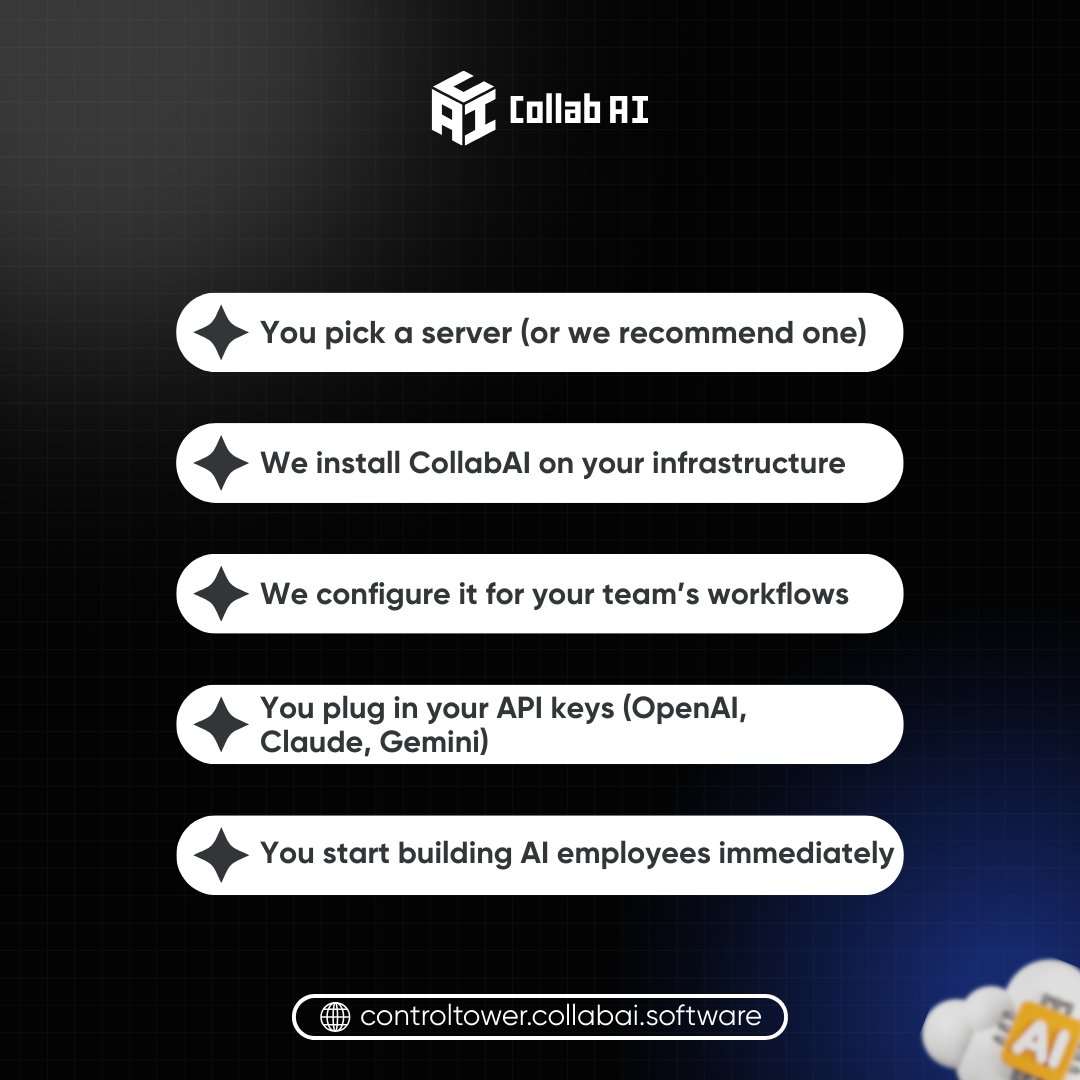 CollabAI1's tweet photo. Self-hosted AI, zero tech headaches.

CollabAI Control Tower: Your AI, your way - fully managed, so you stay focused on your clients.

Start building AI employees today!

👉 https://t.co/mDNwbl73bT https://t.co/BvhZxQe9hu