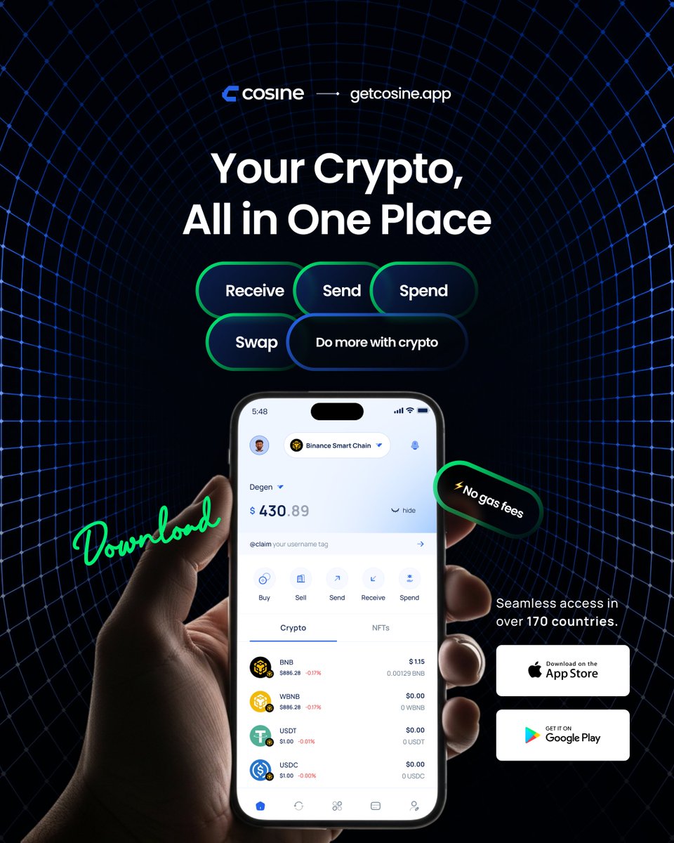 Your crypto. All in one place.

Send, receive, swap, and do more with crypto without the clutter.
With Cosine Wallet, managing your assets is simple, secure, and seamless.

Download Cosine Wallet today and take full control of your crypto.

#CosineWallet #CryptoWallet