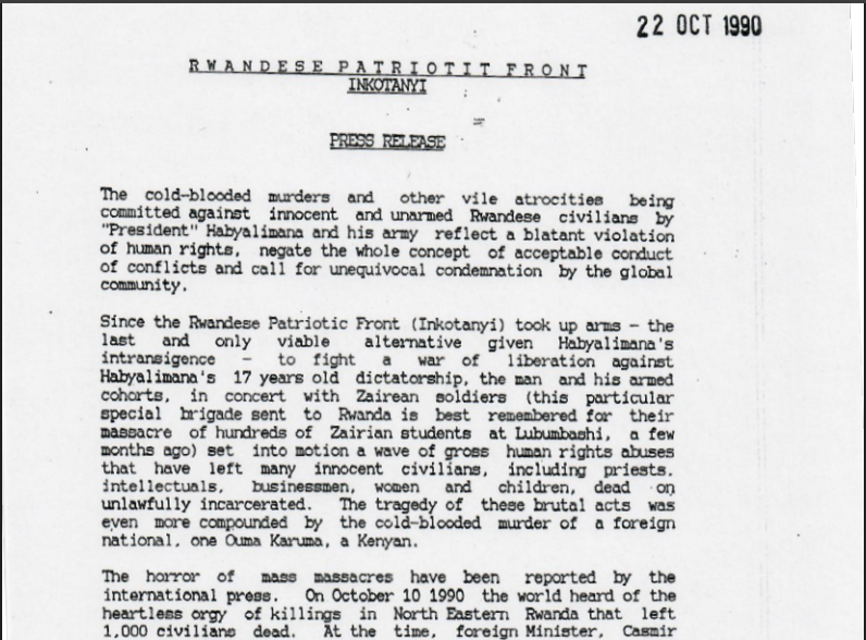 The extract from an <a href="/rpfinkotanyi/">FPR-Inkotanyi</a>  press release condemning the killings of Tutsi civilians  by Habyarimana’s army in the north of the country which is dated 36 years. Itr was published  22 days after the RPF attack.

 It also reminded readers that the Zairean Brigade, which had