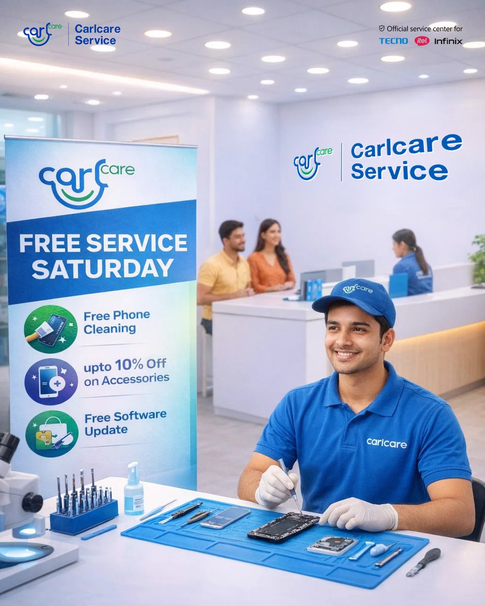 🔧 Free Service Saturday is here! 🔧

✅ Up to 10% OFF on accessories!
✅ FREE Service Charge on mobile repair!
✅ FREE Software Update!

📞 Toll-Free: 1800-4190-525

📅 Don’t miss out-visit your nearest Carlcare Service Center this Saturday! 🚀

#Carlcare #itel #tecno #infinix