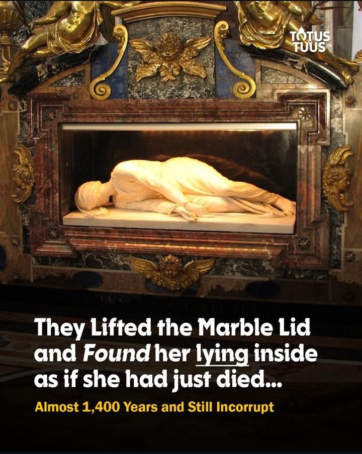 The Incorrupt body of Saint Cecilia (also known as St. Cecilia of Rome), the patron saint of musicians.

Saint Cecilia was martyred around AD 230 under Roman persecution.
Her body was discovered in 1599, when her tomb in the Catacombs of Rome was opened during renovations or