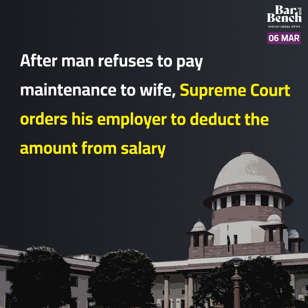 barandbench's tweet photo. After man refuses to pay maintenance to wife, Supreme Court orders his employer to deduct the amount from salary

Read here: https://t.co/cXVwkwzpQ9 https://t.co/iCJb9casTF